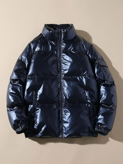 Cozy Glossy Puffer Jacket for Women with Stand Collar Long Sleeve Quilted Zip Winter Style