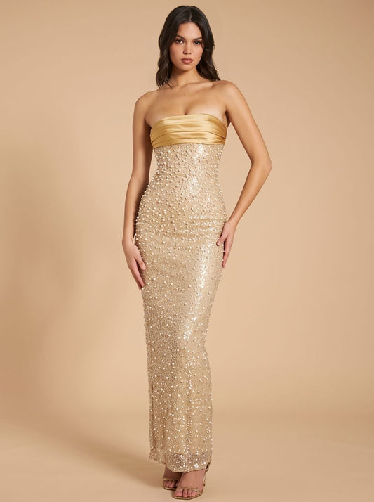 Elegant Gold Sequin Wedding Guest Gown for Women with Strapless Pearl Bodycon Floor-Length Formal Style