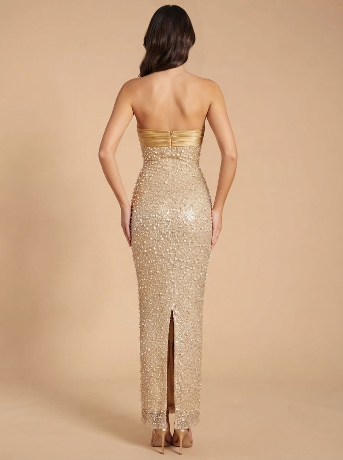 Elegant Gold Sequin Wedding Guest Gown for Women with Strapless Pearl Bodycon Floor-Length Formal Style
