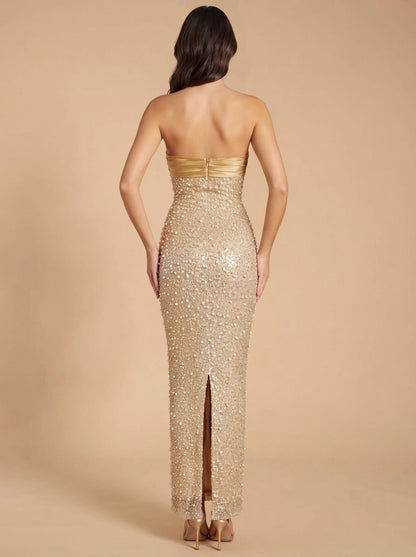 Elegant Gold Sequin Wedding Guest Gown for Women with Strapless Pearl Bodycon Floor-Length Formal Style