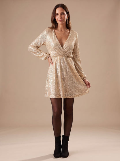 Elegant Gold Sequin Cocktail Mini Dress for Women with Wrap Front V-Neck Long Sleeve Holiday Party Style