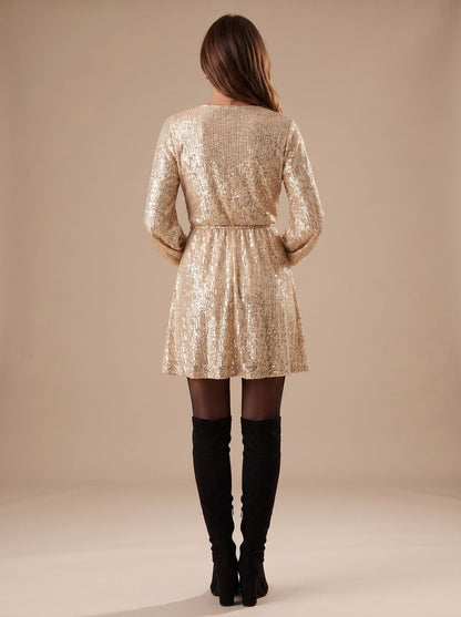 Elegant Gold Sequin Cocktail Mini Dress for Women with Wrap Front V-Neck Long Sleeve Holiday Party Style