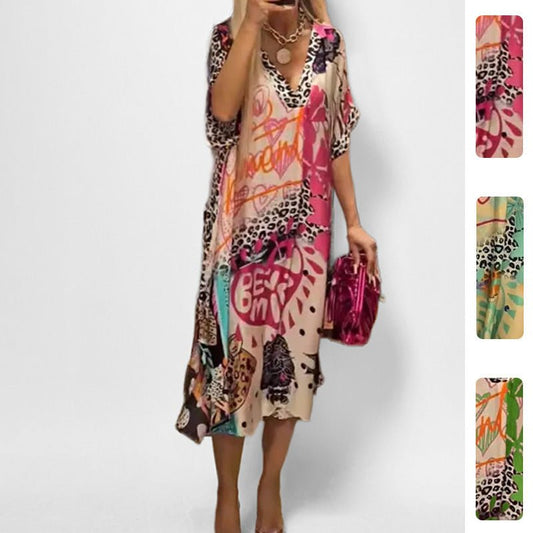 Effortless Graphic Print Sundress for Women with V-Neckline Swing Tunic Style