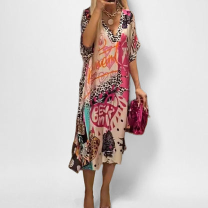 Effortless Graphic Print Sundress for Women with V-Neckline Swing Tunic Style