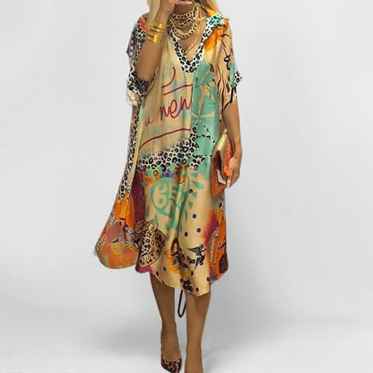 Effortless Graphic Print Sundress for Women with V-Neckline Swing Tunic Style