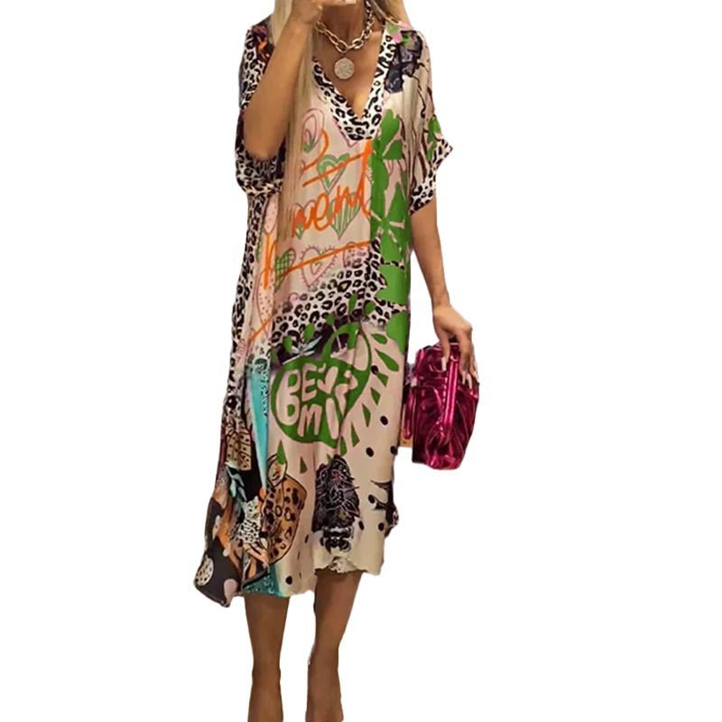 Effortless Graphic Print Sundress for Women with V-Neckline Swing Tunic Style