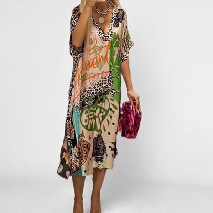 Effortless Graphic Print Sundress for Women with V-Neckline Swing Tunic Style