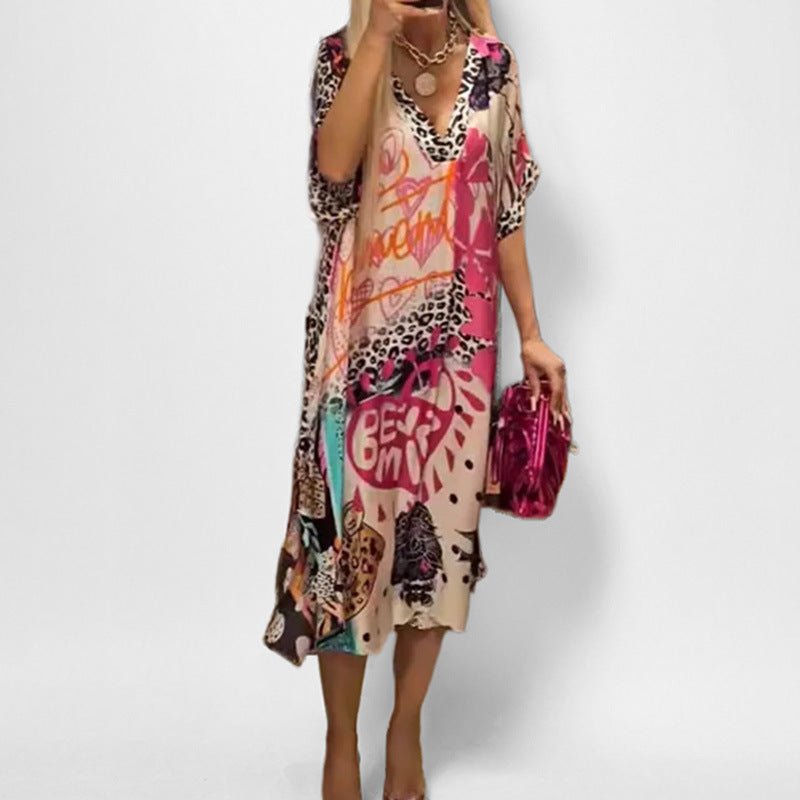 Effortless Graphic Print Sundress for Women with V-Neckline Swing Tunic Style