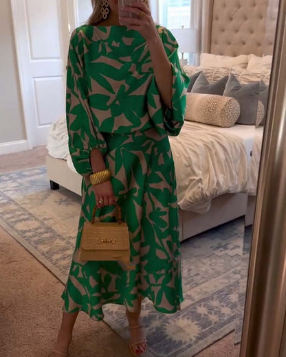 Effortless Printed Skirt Set for Women with Round Neck Kimono Sleeve Relaxed Two Piece Style