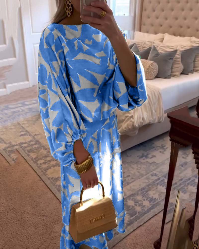 Effortless Printed Skirt Set for Women with Round Neck Kimono Sleeve Relaxed Two Piece Style