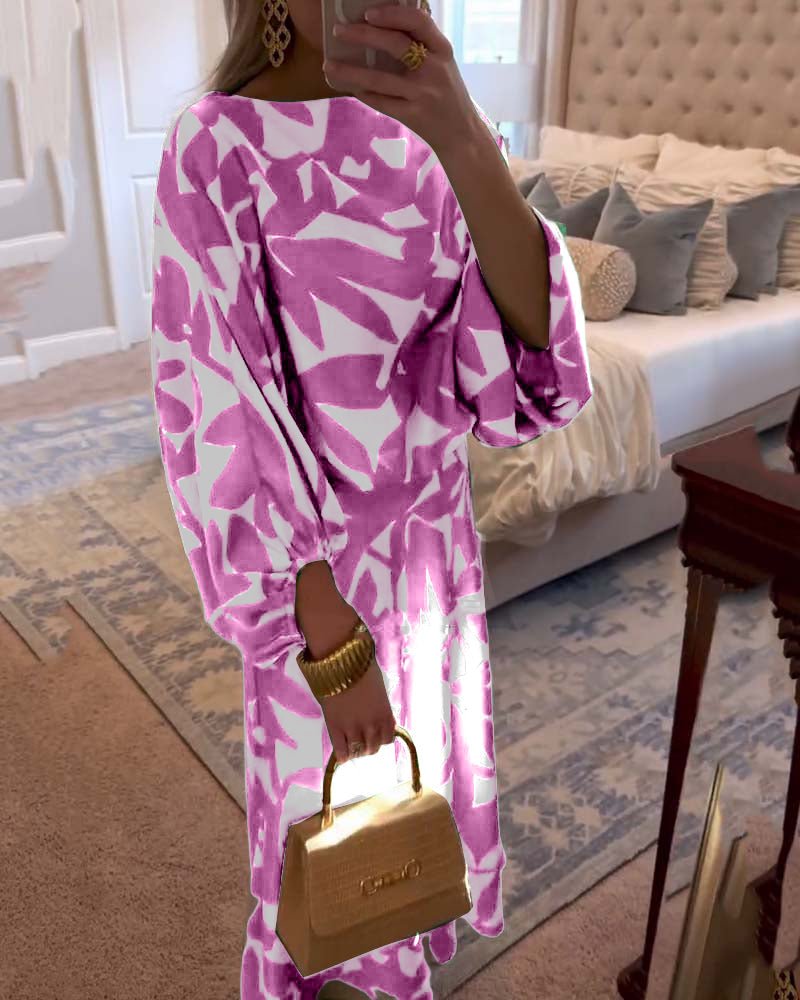 Effortless Printed Skirt Set for Women with Round Neck Kimono Sleeve Relaxed Two Piece Style