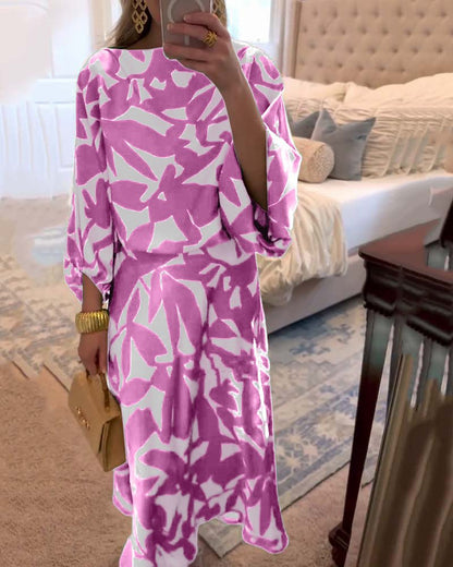 Effortless Printed Skirt Set for Women with Round Neck Kimono Sleeve Relaxed Two Piece Style