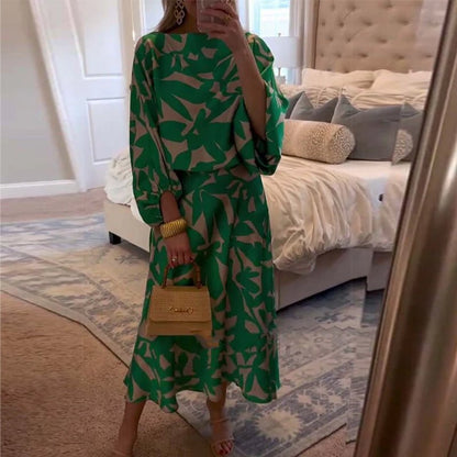 Effortless Printed Skirt Set for Women with Round Neck Kimono Sleeve Relaxed Two Piece Style