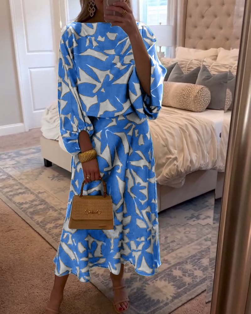 Effortless Printed Skirt Set for Women with Round Neck Kimono Sleeve Relaxed Two Piece Style