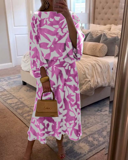 Effortless Printed Skirt Set for Women with Round Neck Kimono Sleeve Relaxed Two Piece Style