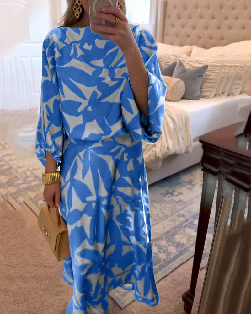Effortless Printed Skirt Set for Women with Round Neck Kimono Sleeve Relaxed Two Piece Style