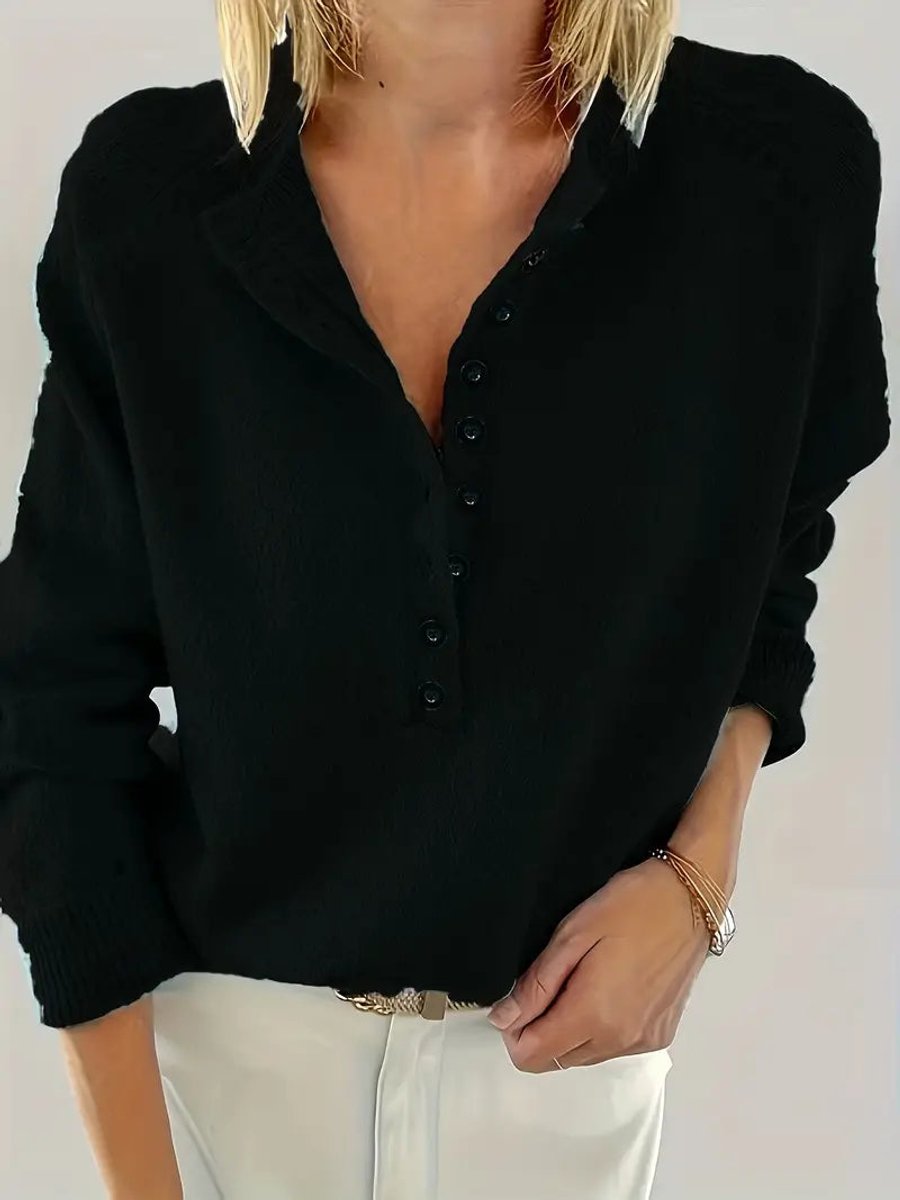 Comfortable Button Front Sweater for Women with Split Neck Long Sleeve Relaxed Oversized Knit Style