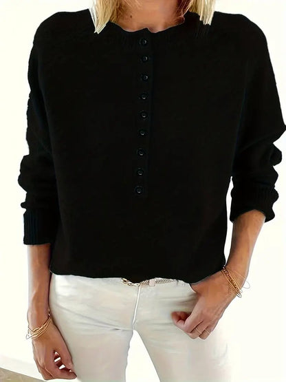 Comfortable Button Front Sweater for Women with Split Neck Long Sleeve Relaxed Oversized Knit Style