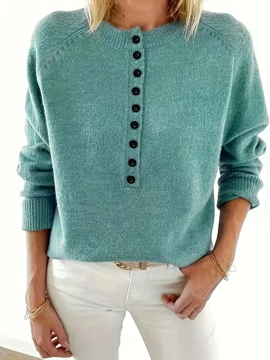 Comfortable Button Front Sweater for Women with Split Neck Long Sleeve Relaxed Oversized Knit Style
