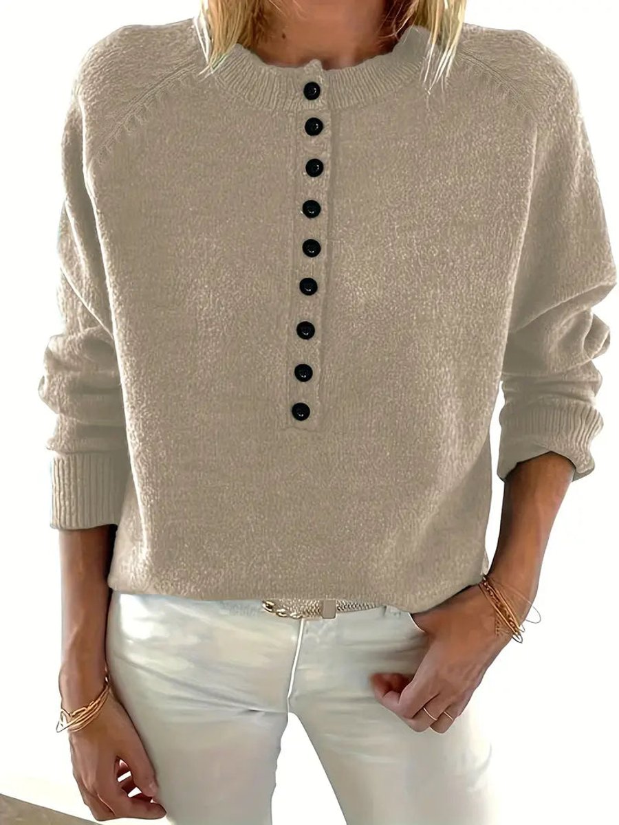 Comfortable Button Front Sweater for Women with Split Neck Long Sleeve Relaxed Oversized Knit Style