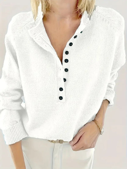 Comfortable Button Front Sweater for Women with Split Neck Long Sleeve Relaxed Oversized Knit Style