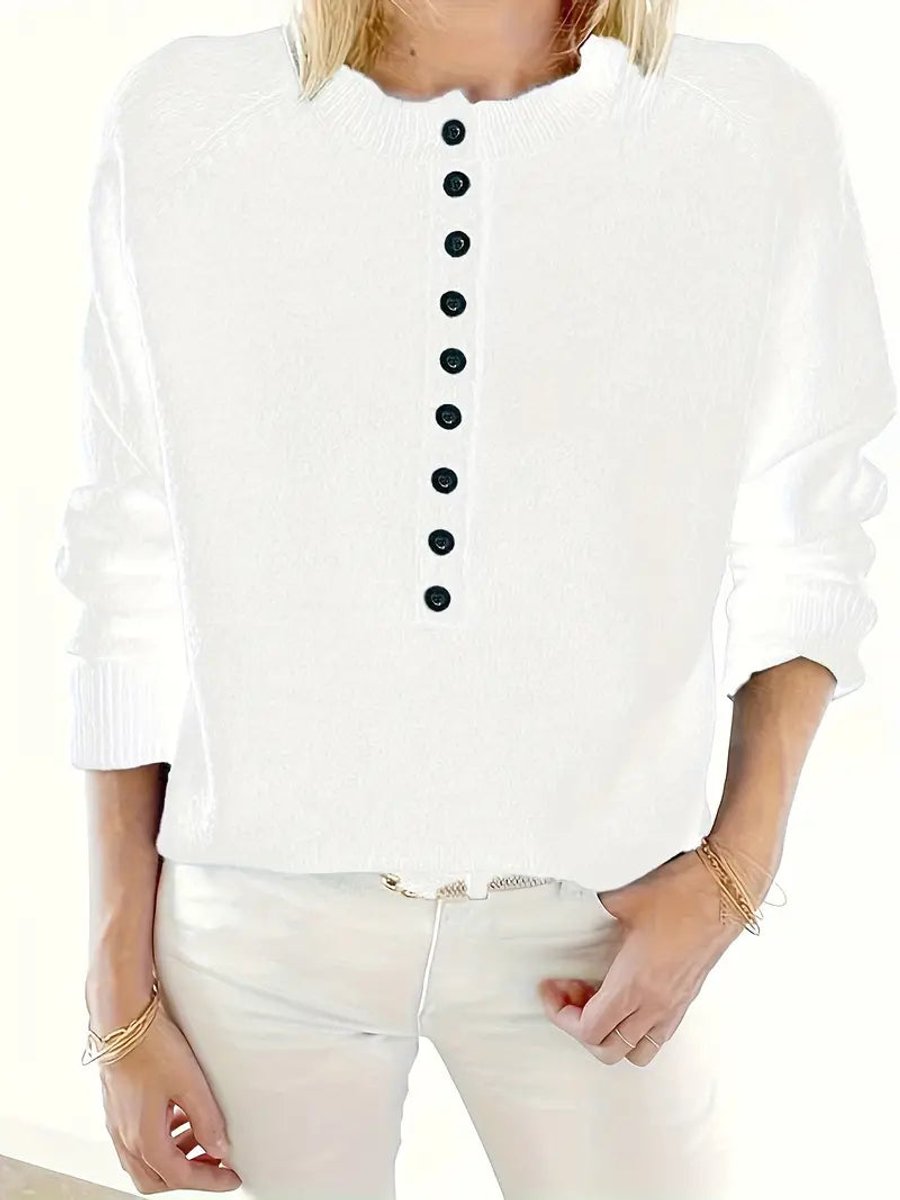 Comfortable Button Front Sweater for Women with Split Neck Long Sleeve Relaxed Oversized Knit Style