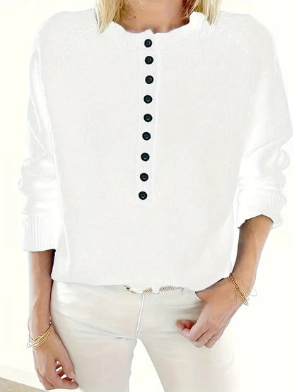 Comfortable Button Front Sweater for Women with Split Neck Long Sleeve Relaxed Oversized Knit Style