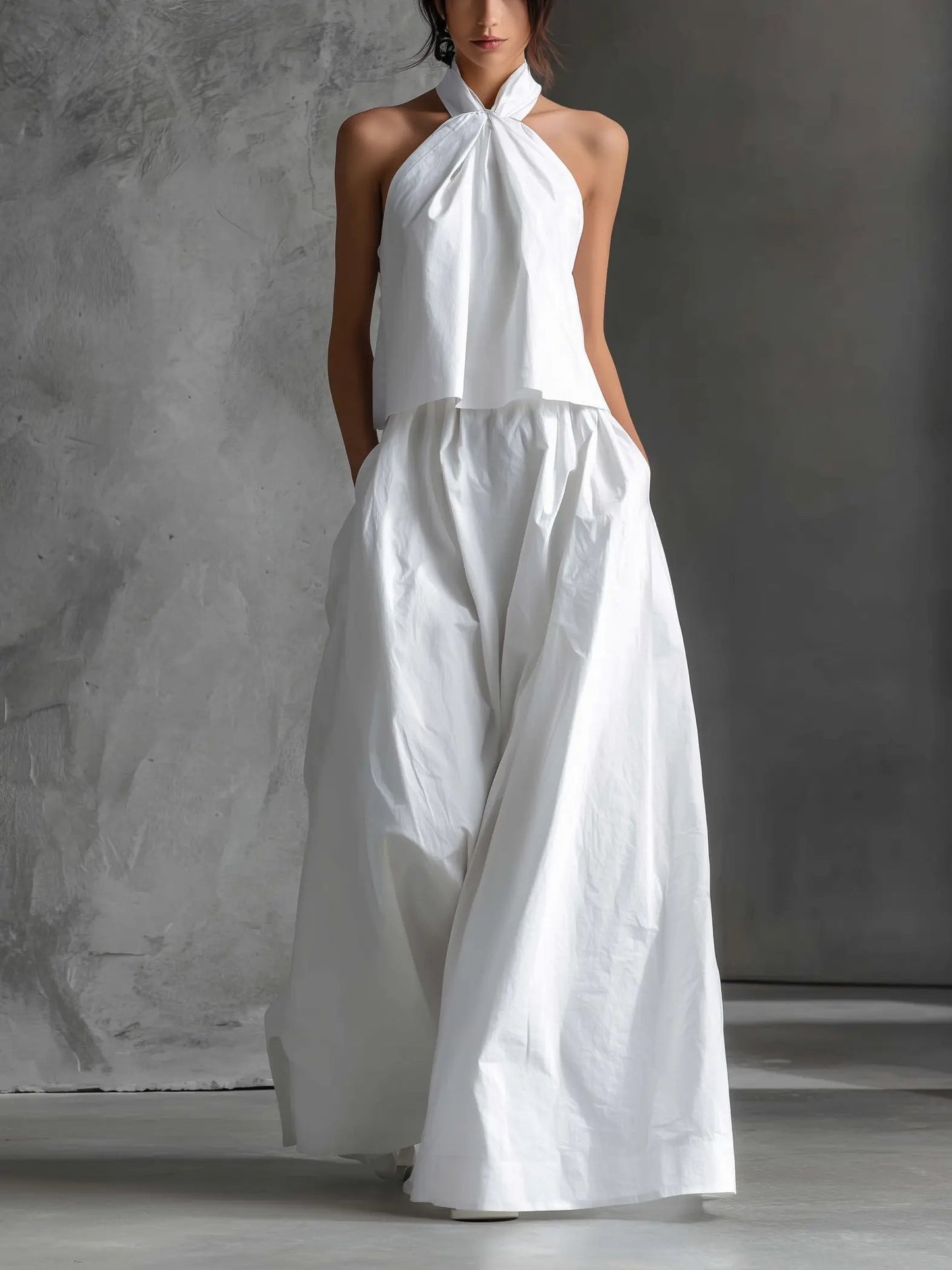 Elegant White Cotton Halter Top Two Piece Set for Women with Wide Leg Maxi Skirt Flowing Style