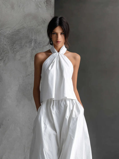 Elegant White Cotton Halter Top Two Piece Set for Women with Wide Leg Maxi Skirt Flowing Style