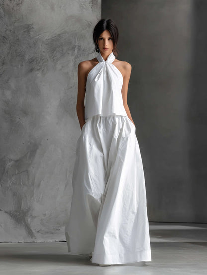 Elegant White Cotton Halter Top Two Piece Set for Women with Wide Leg Maxi Skirt Flowing Style