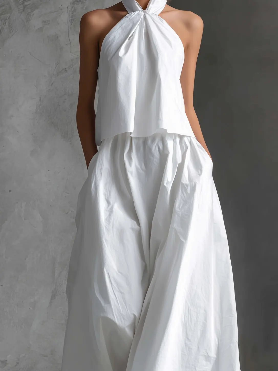 Elegant White Cotton Halter Top Two Piece Set for Women with Wide Leg Maxi Skirt Flowing Style