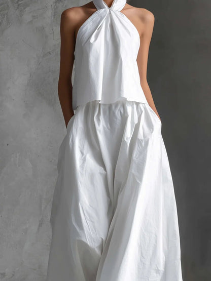 Elegant White Cotton Halter Top Two Piece Set for Women with Wide Leg Maxi Skirt Flowing Style
