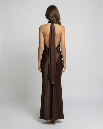 Elegant Satin Maxi Dress for Women with Halter Neck Backless Bodycon Formal Style