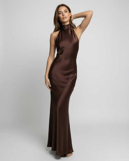 Elegant Satin Maxi Dress for Women with Halter Neck Backless Bodycon Formal Style