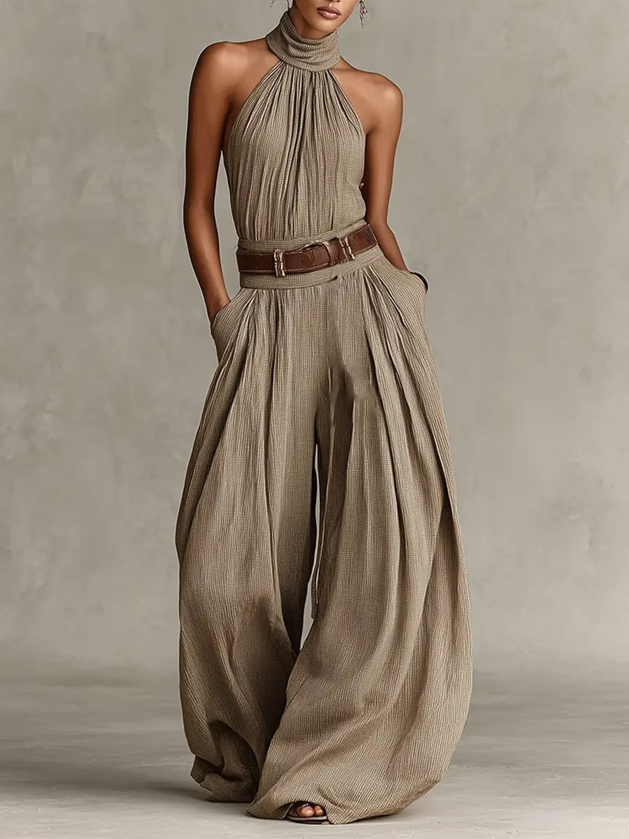 Elegant Taupe Jumpsuit for Women with Halter Neck Wide Leg Belted Relaxed Formal Style