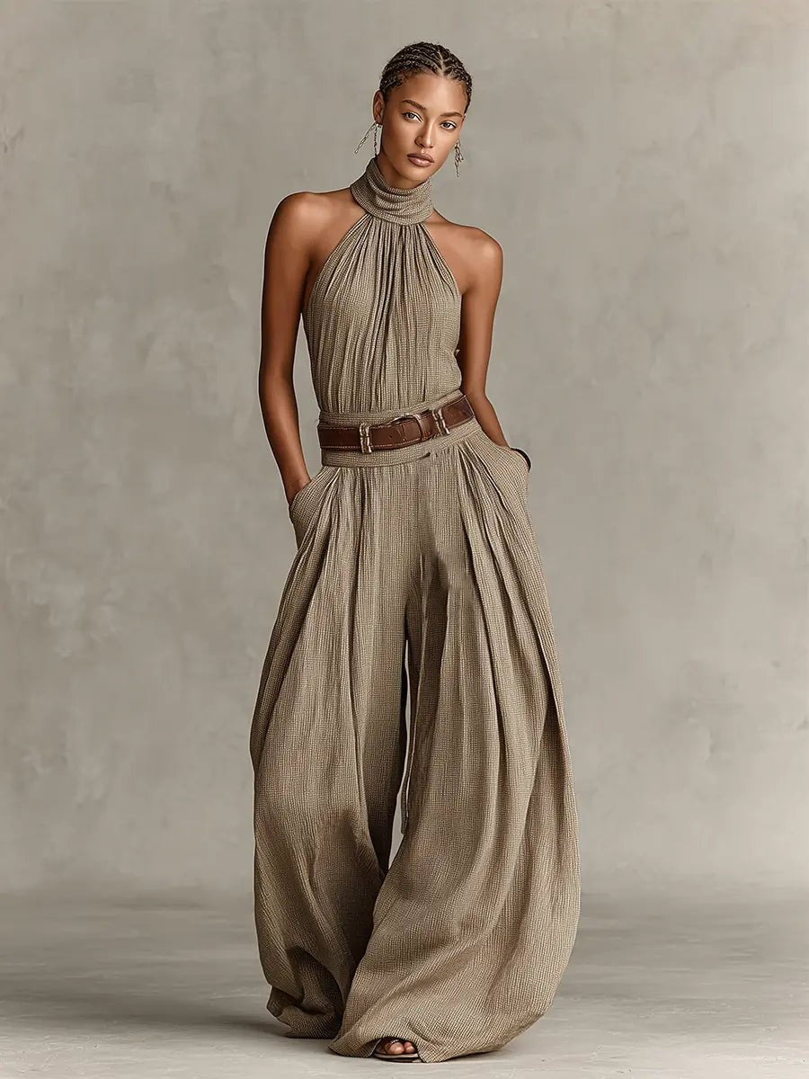 Elegant Taupe Jumpsuit for Women with Halter Neck Wide Leg Belted Relaxed Formal Style