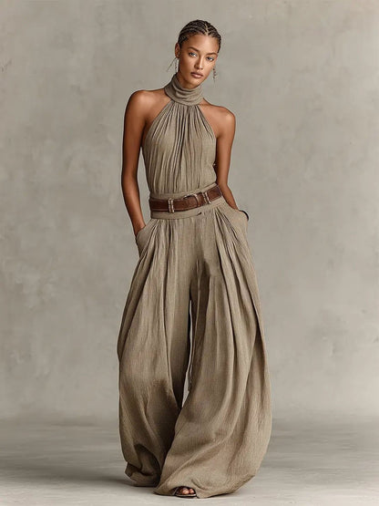 Elegant Taupe Jumpsuit for Women with Halter Neck Wide Leg Belted Relaxed Formal Style
