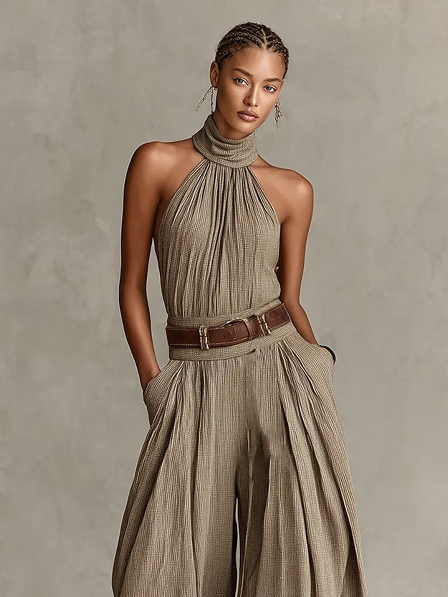 Elegant Taupe Jumpsuit for Women with Halter Neck Wide Leg Belted Relaxed Formal Style