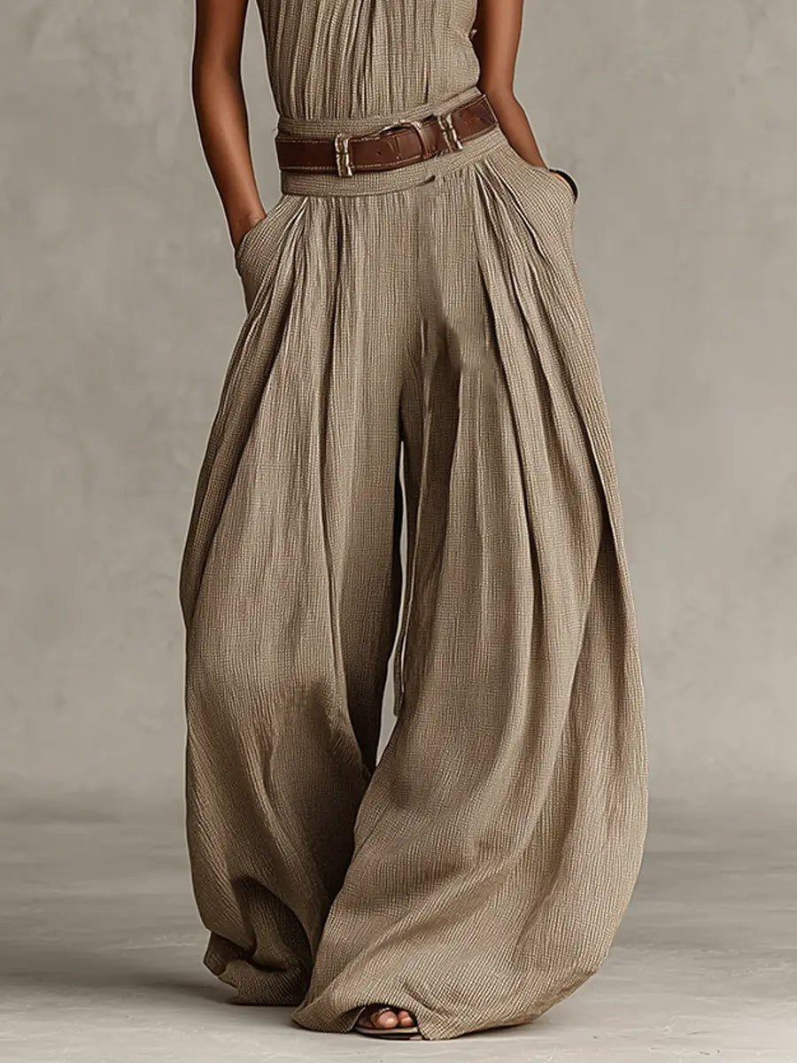 Elegant Taupe Jumpsuit for Women with Halter Neck Wide Leg Belted Relaxed Formal Style