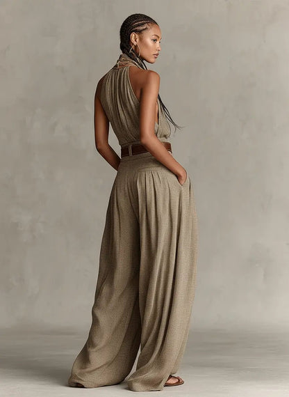 Elegant Taupe Jumpsuit for Women with Halter Neck Wide Leg Belted Relaxed Formal Style