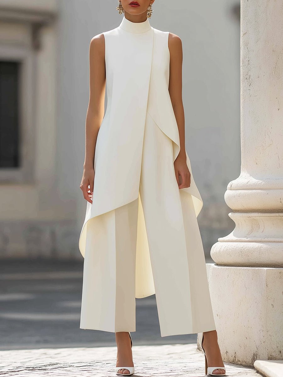 Elegant Wide Leg Set for Women with High Neck Sleeveless Asymmetric Draped Two Piece Style