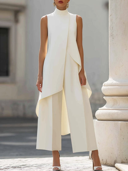 Elegant Wide Leg Set for Women with High Neck Sleeveless Asymmetric Draped Two Piece Style