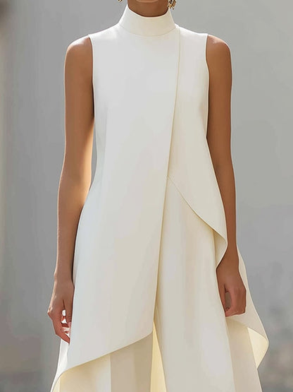 Elegant Wide Leg Set for Women with High Neck Sleeveless Asymmetric Draped Two Piece Style