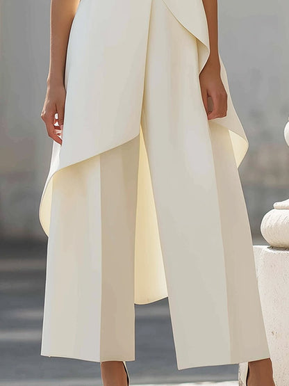 Elegant Wide Leg Set for Women with High Neck Sleeveless Asymmetric Draped Two Piece Style