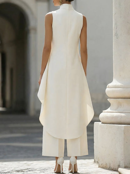 Elegant Wide Leg Set for Women with High Neck Sleeveless Asymmetric Draped Two Piece Style