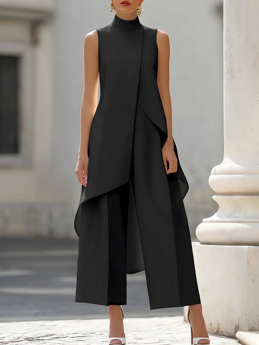 Elegant Wide Leg Set for Women with High Neck Sleeveless Asymmetric Draped Two Piece Style