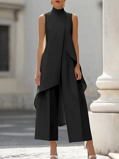Elegant Wide Leg Set for Women with High Neck Sleeveless Asymmetric Draped Two Piece Style