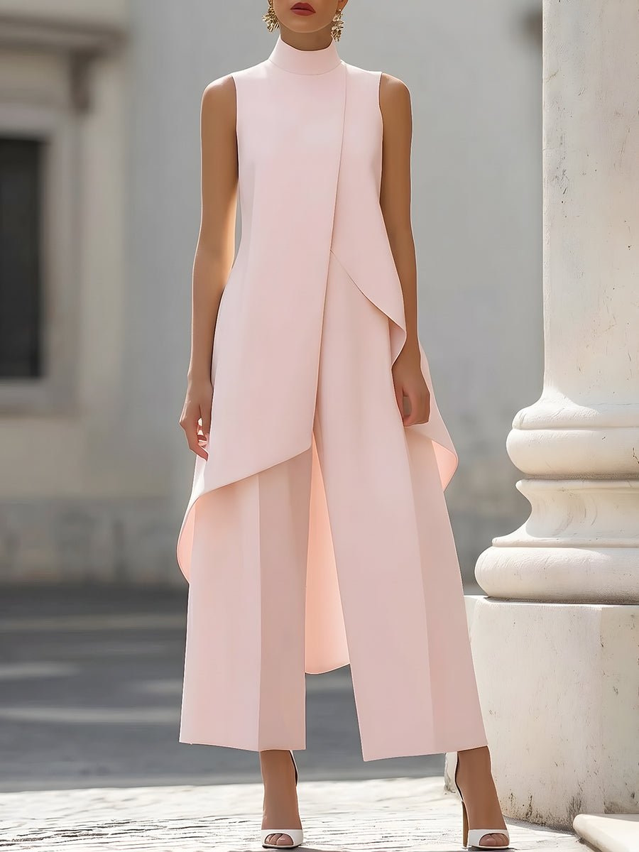 Elegant Wide Leg Set for Women with High Neck Sleeveless Asymmetric Draped Two Piece Style