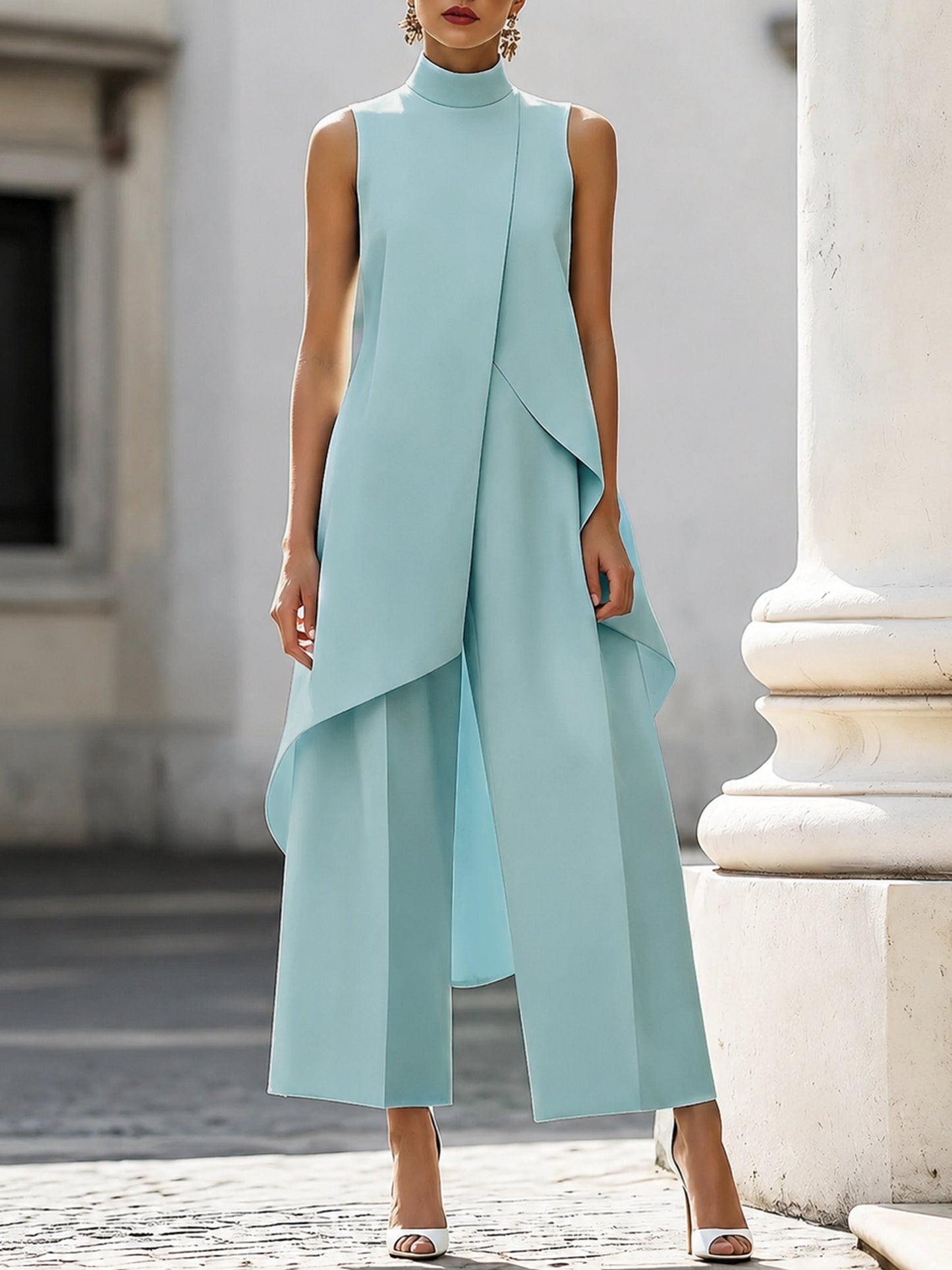 Elegant Wide Leg Set for Women with High Neck Sleeveless Asymmetric Draped Two Piece Style