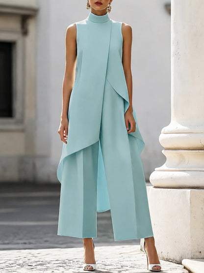 Elegant Wide Leg Set for Women with High Neck Sleeveless Asymmetric Draped Two Piece Style